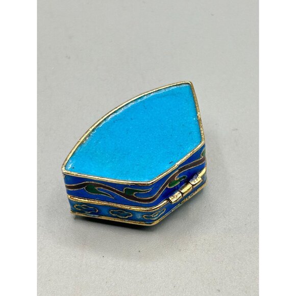 Vintage Cloisonne Trinket Box Blue enamel Flower Design Hinged Small Box - Picture 6 of 11